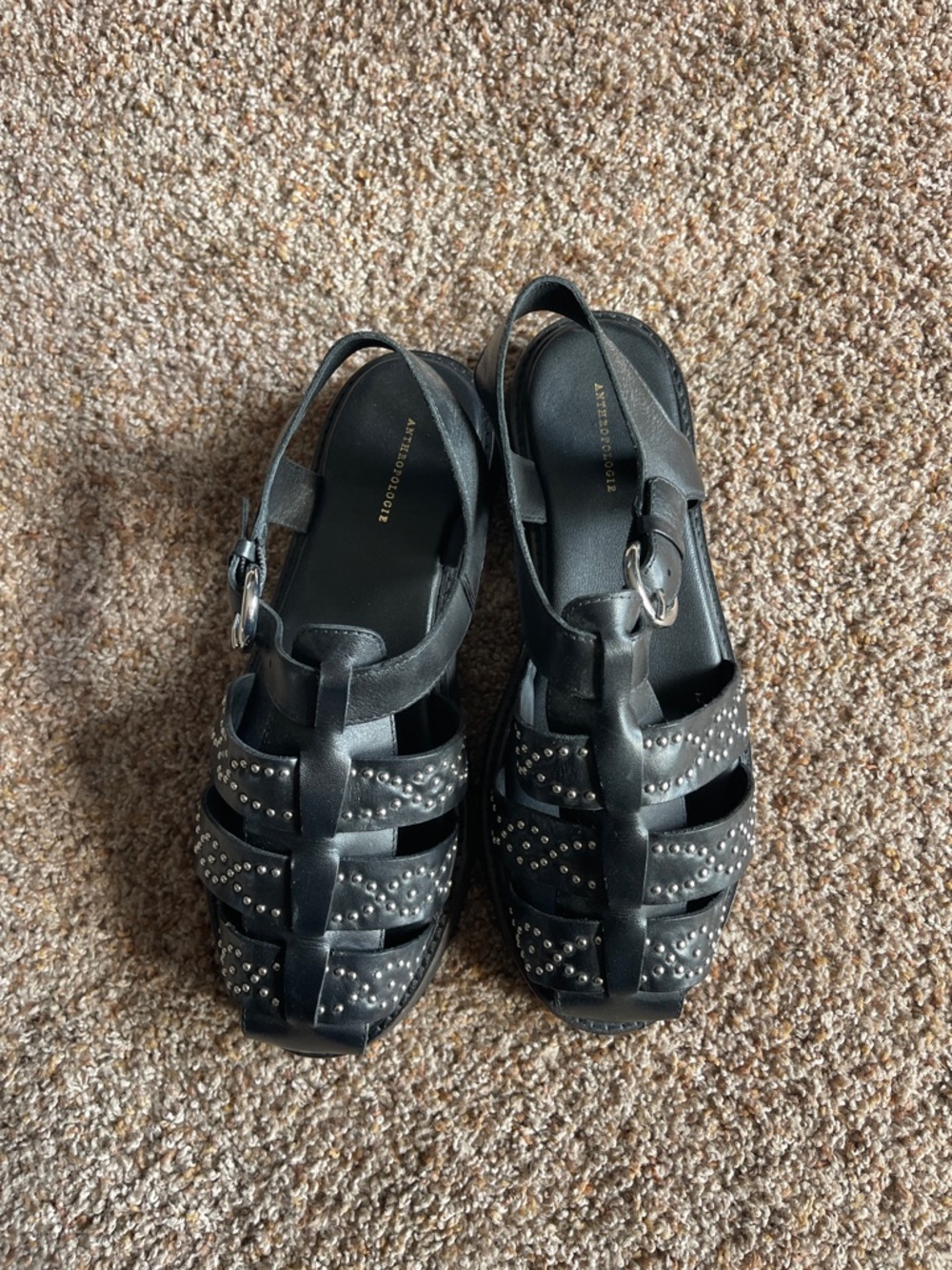 Anthropologie Black Studded Cage fisherman Sandals